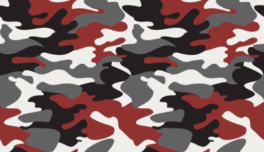 Kusursuz kamuflaj şablon arka plan vektörü. Klasik giyim tarzı kamuflaj tekrarlama baskısı. Sanal arkaplan, çevrimiçi konferans, çevrimiçi iletim için kırmızı gri beyaz renk dokusu tasarımı.