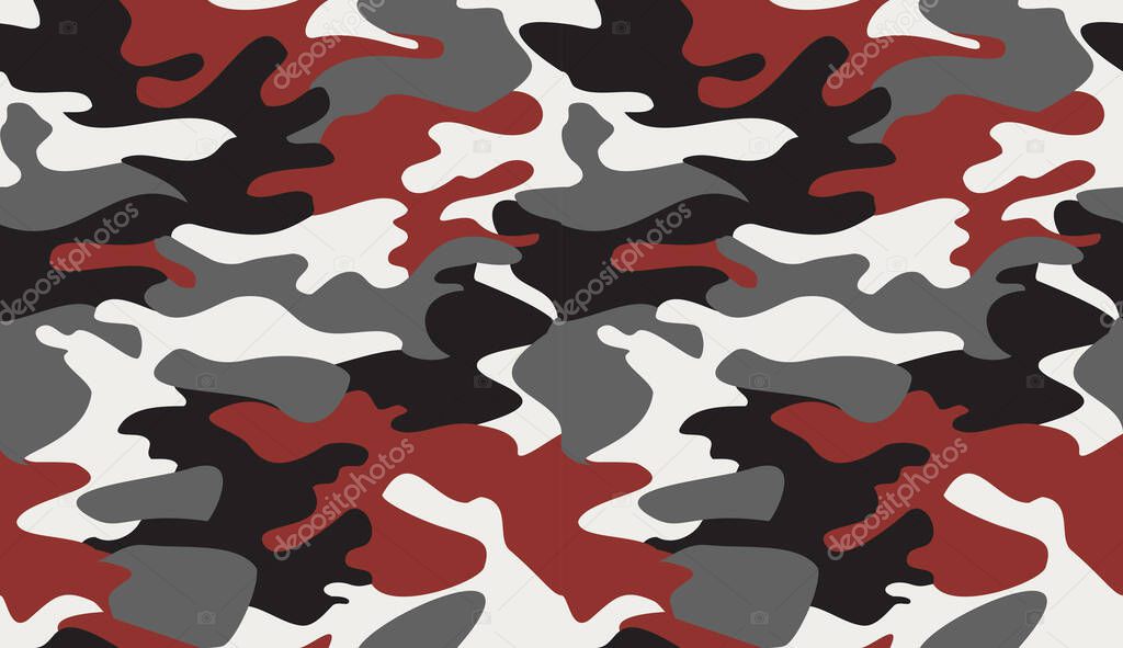 Seamless camouflage pattern background vector.Classic clothing style masking camo repeat print.Red black grey white colors texture design for virtual background, online conference, online transmission