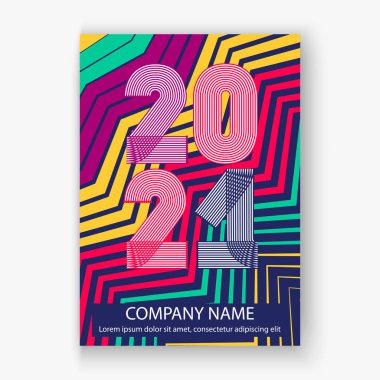 Soyut modern kapak tasarımı rengarenk neon zigzag arkaplan 2021 mutlu yeni yıl, 2021 numara ince çizgili stil, vektör ilüstrasyon tebrik kartı, pankart, broşür, dergi, etiket