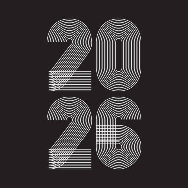 Siyah zemin üzerinde izole edilmiş beyaz geometrik çizgilerle dikey 2026 numaralı modern minimal kapak arka planı. Mutlu Yıllar Noel Kutlama Kartı Reklamı için grafik tasarım vektörü çizimi