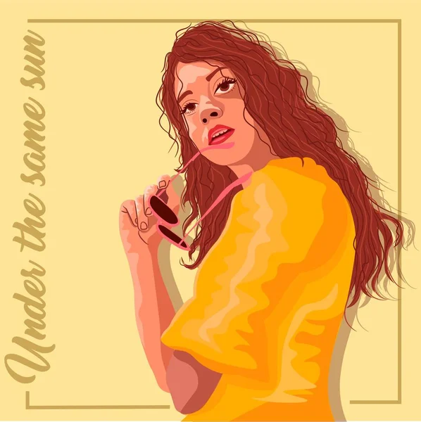 Linda Mujer Hispana Con Vestido Amarillo Sosteniendo Sus Gafas Sol — Vector de stock