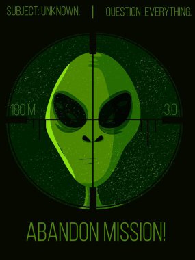 Avcı keskin nişancı posteri altında yeşil uzaylı kafası. Hedef alınan bir uzay bilim kurgu yaratığının bayrağı. Ufo garip konsept vektörü.