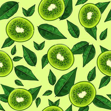 Yarısı kesilmiş kiwies ve yeşil bitki çizimi. Kusursuz tropikal meyve ve limon yaprakları. Tatlı ve ekşi yiyecek C vitamini, renkli abur cubur vektörü.