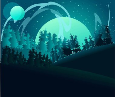 Dolunay diğer gezegenlerin sisine gömülüyor. Gezegenin altındaki orman ve kuzey ışıkları. Aurora Borealis 'li düz bir pelerin çizimi.