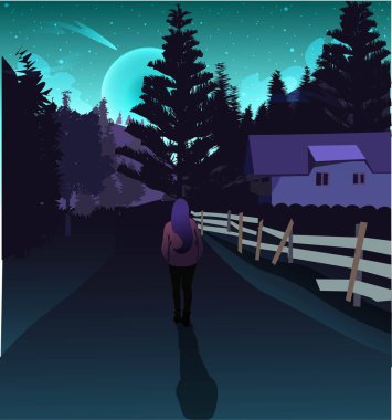 Alacakaranlık ve Aurora Borealis 'in ışıkları altında bir dağ ormanında seyahat eden bir kadın. Sihirli mavi ve mor modern neon ışık çizimi. Gelecekçi fantezi vektörü