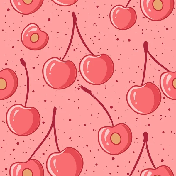 Cherries Half Cut Fruits Seamless Pattern Pink Living Coral Background — ストックベクタ