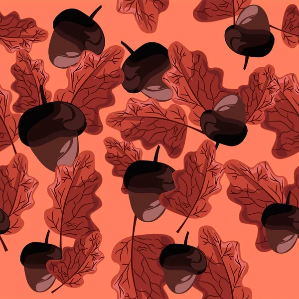 枫树橡树叶和棕色橡子的秋天覆盖无缝图案 植物种子秋天纹理的季节性图解 — 图库矢量图片