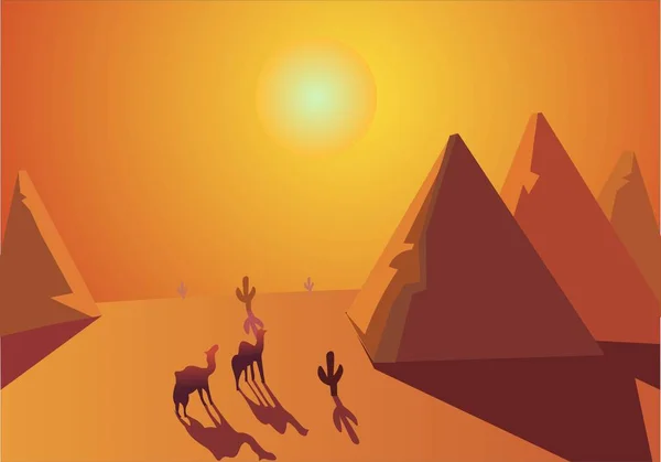 Сахара Пустеля Каїр Єгипет Ілюстрація Гарячого Ландшафту Верблюди Піраміди Подорожують — стоковий вектор