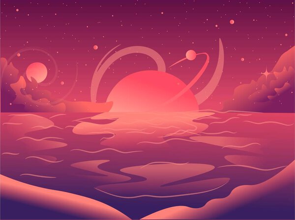 Sunset beach nature landscape flat illustration of sun, moon and planets with clouds on the twilight. Magic place with stars and bright night sky vector.