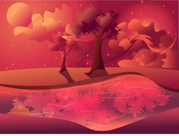 Plochá Ilustrace Jasné Oblohy Živými Korálovými Barvami Odrážejícími Vodě Jezera — Stockový vektor