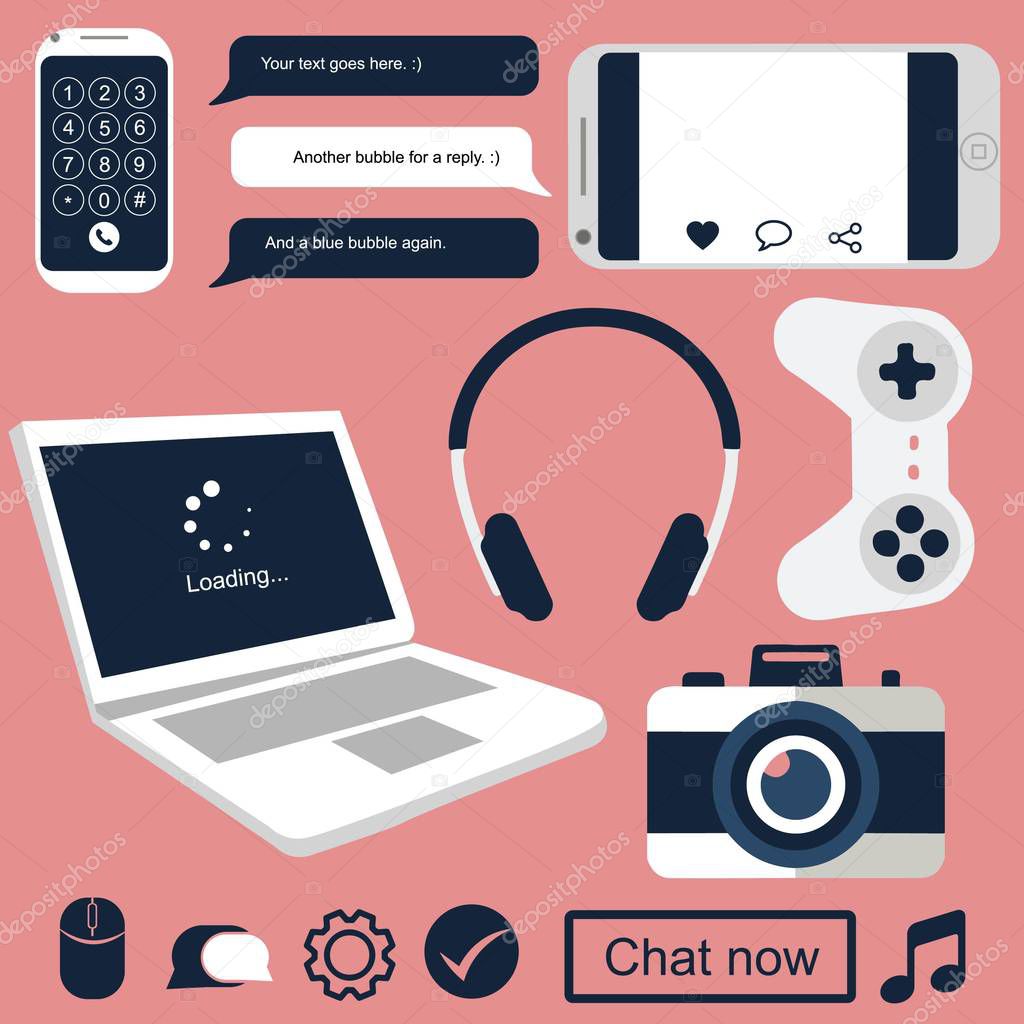 Isolated technology related gadgets for communication, social media and hobbies. Flat illustration of modern elements and icons for websites.