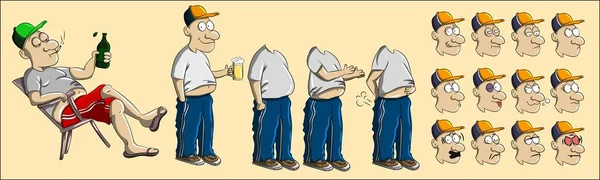 Farklı yüz ifadeleri ve vücut pozları olan Avrupalı sürücü karakteri. Kot pantolonlu, beyaz gömlekli ve bira içen çizgi film adamı. Duygular ve duruşlar insan yüzlerini buruşturur.