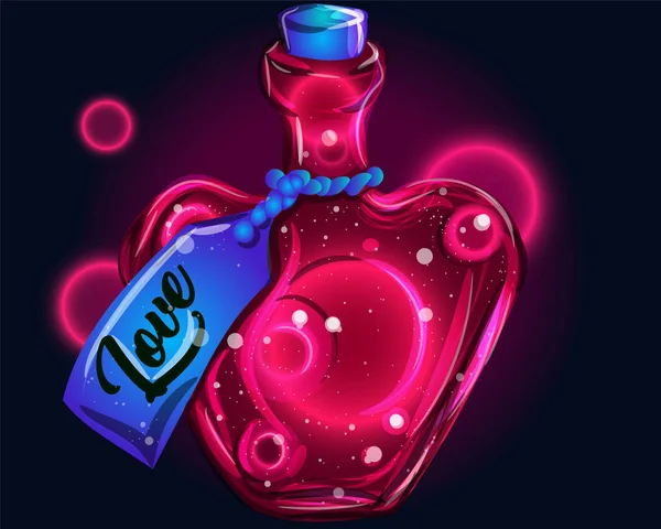 Kavanozda aşk sıvısı - Sevgililer Günü için sihirli zehir çizimi. Kalp şeklinde bir şişede cazibe tarifi. Neon fantazisi.