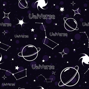 Evren, yıldızlar ve gezegenler karalamalar çiziyor. Yıldızlı gökyüzü pürüzsüz desen.