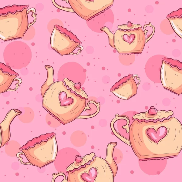 Çay Fincanları Çaydanlık Kusursuz Desen Çanak Çömlek Kalplerle Pembe Bebek — Stok Vektör