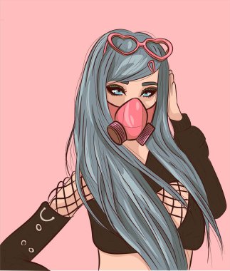 Mavi saçlı, gaz maskesi ve pembe güneş gözlüğü takan genç gotik kız..