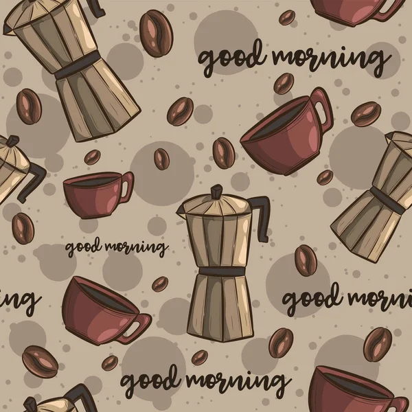 Brown seamless pattern with coffee. Repetitive beverage background with different objects.