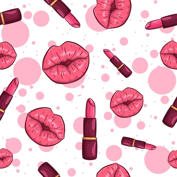 Pink Seamless Pattern Lips Lipstick Feminine Repetitive Background — Stock Vector