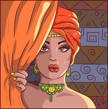 Türbanlı ve geleneksel aksesuarlı Afrikalı bir kadın perdenin arkasında saklanıyor.. 