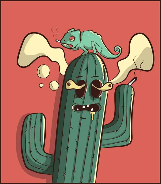 Cactus Psychédélique Fumant Avec Iguane Sur Tête Caractère Bande Dessinée — Image vectorielle