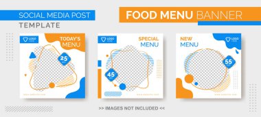 Gıda Menüsü Banner Şablonu, Sosyal Medya Gıda Tamponu, Instagram Mavi ve turuncu renkli Gıda Şablonu