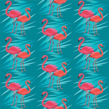 Dikişsiz vektör desen, flamingo ile afiş, el ilanı, davetiye, poster, web sitesi veya tebrik kartı için tropikal yaprakları egzotik çiçek tasarımı. Düz stil, vektör çizimi