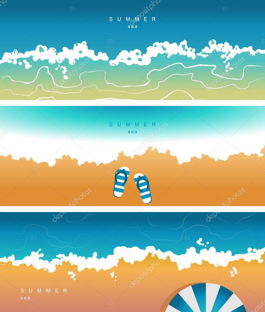 Vector cover for social networks, header with a summer mood, with the image of the sea, beach, waves, surf, umbrella, beach shoes on the sand