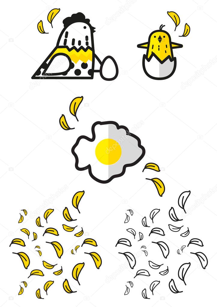Vector image of chicken, little chicken, omelet and feathers