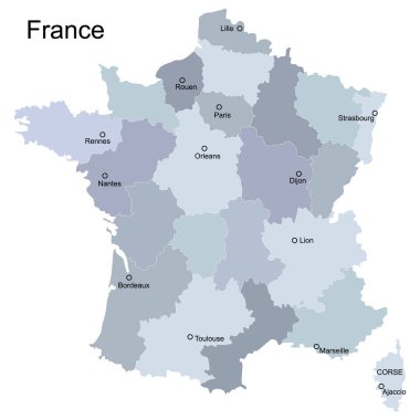 İdari bölünme ve şehirlerile Fransa Haritası