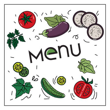 Sebze vektör görüntü: patlıcan, salatalık, vejetaryen ve diğer menüler, restoranlar, afiş, web siteleri, basılı broşürler, sosyal ağlar, sağlıklı beslenme için kontrol listeleri için domates