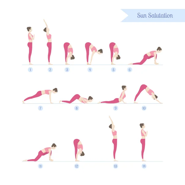 Yoga set, Güneş selamlamalar, veya Surya Namaskar için adımlar pratik. Düz kadın karakter.