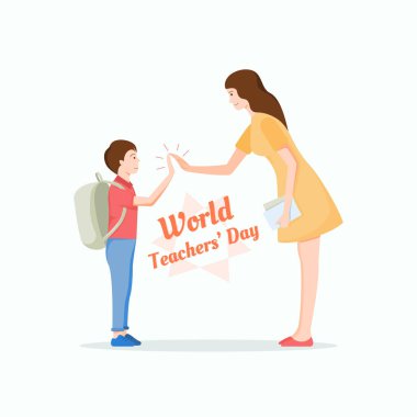 Genç öğretmen sevimli bir öğrenciye beşlik çakıyor. Dünya Öğretmenler Günü konsepti.