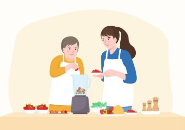 Mutlu kıdemli anne ve orta yaşlı kız blender 'a meyve ekliyor. Düz çizgi film karakteri tasarımı. Vektör İllüstrasyonu.