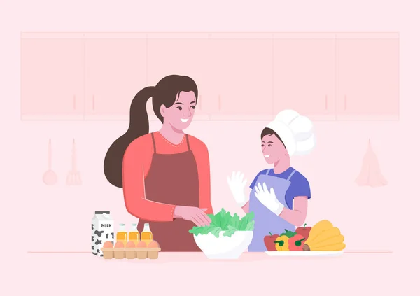 Mutlu anne ve küçük çocuk mutfakta taze sebze salatası hazırlıyorlar. Çocuk yemek pişirmeye katılıyor. Düz çizgi film karakteri çizimi.