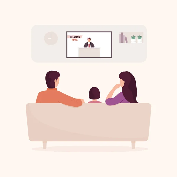 Aile televizyonda günlük haberleri izliyor. Ebeveynler ve çocuk oturma odasında kanepede oturuyor..