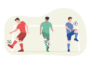 Futbolcular hazır. Futbolcular antrenman yapıyor, vektör illüstrasyonu.