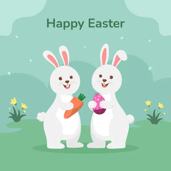 Happy Easter greeting card with cute bunnies holding eggs and carrot. Vector illustration