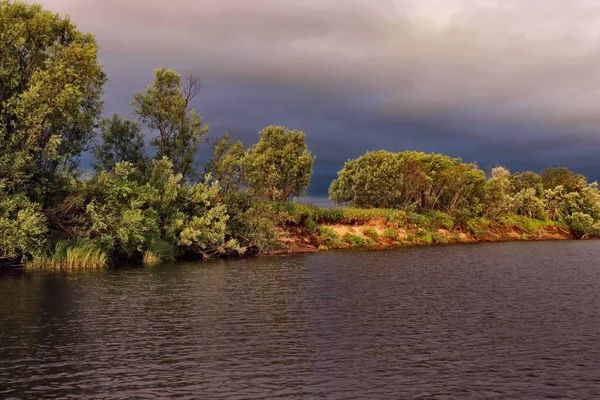 Krajobraz Rzeką Zielonymi Drzewami Zachmurzone Niebo — Zdjęcie stockowe
