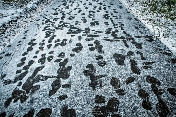 Footprints Shoes Sidewalk Covered Snow — Stock Photo, Image