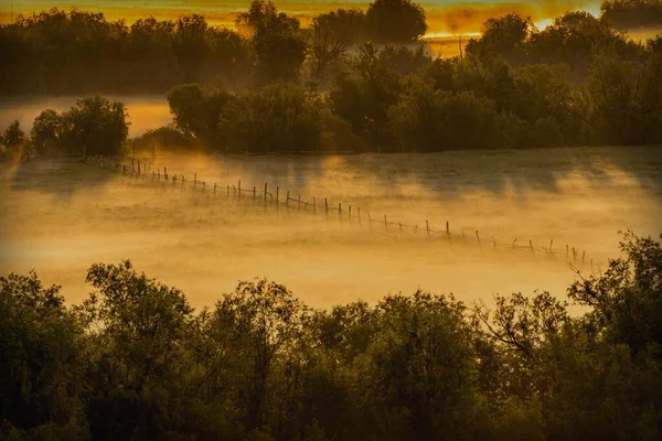 Mystische Morgenlandschaft Mit Nebel Über Einer Lichtung Mit Altem Holzzaun — Stockfoto
