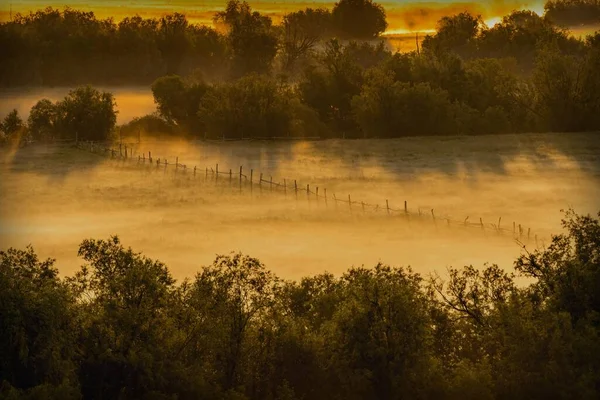 Mystieke Ochtendlandschap Met Mist Een Open Plek Met Een Oud — Stockfoto