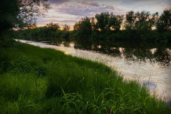 Spokojny Widok Trawiastego Brzegu Małej Pięknej Rzeki Wieczornym Zmierzchu — Zdjęcie stockowe