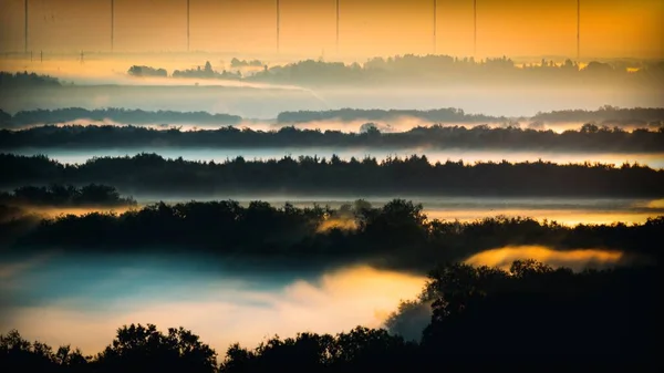 Красивый Утренний Пейзаж Туманом Над Речной Долиной Деревьями Вид Холма — стоковое фото