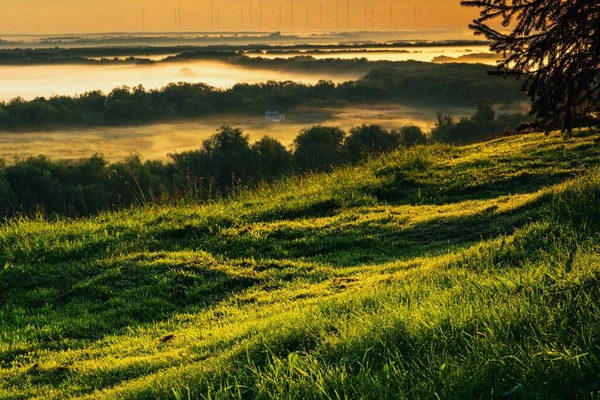 Schöne Aussicht Von Der Spitze Eines Hügels Mit Grünem Gras — Stockfoto