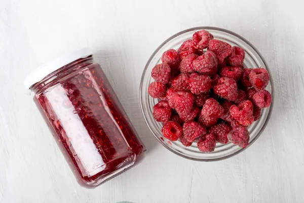 Raspberry Jam Raspberries Gray Table — Stock Photo, Image