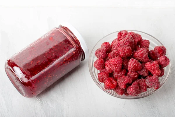 Raspberry Jam Raspberries Gray Table — Stock Photo, Image