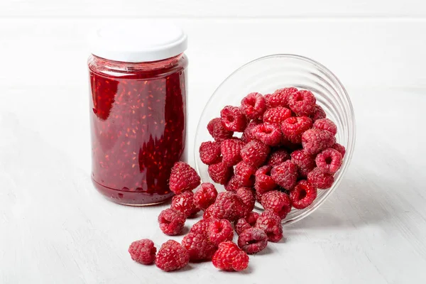 Raspberry Jam Raspberries Gray Table — Stock Photo, Image