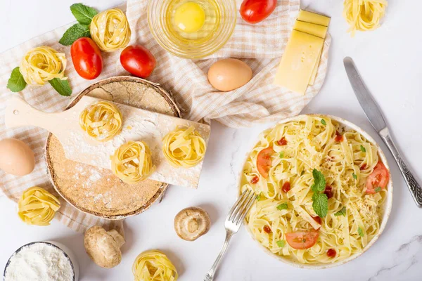 Tagliatelle Pasta White Table Italian Menu — Stock Photo, Image