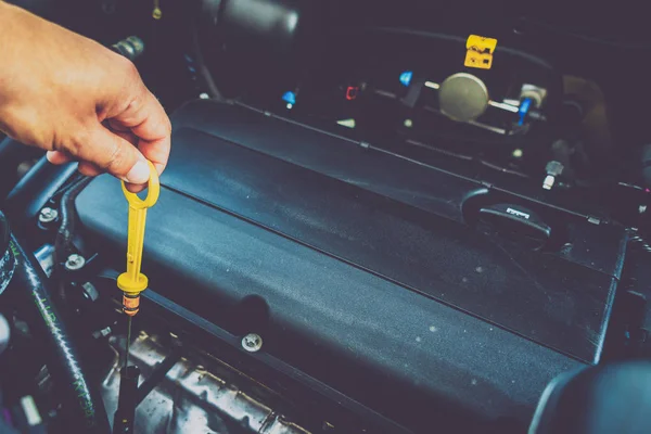 The hand checks the oil in the engine