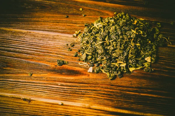 Zielona Herbata Drewnianym Tle — Zdjęcie stockowe